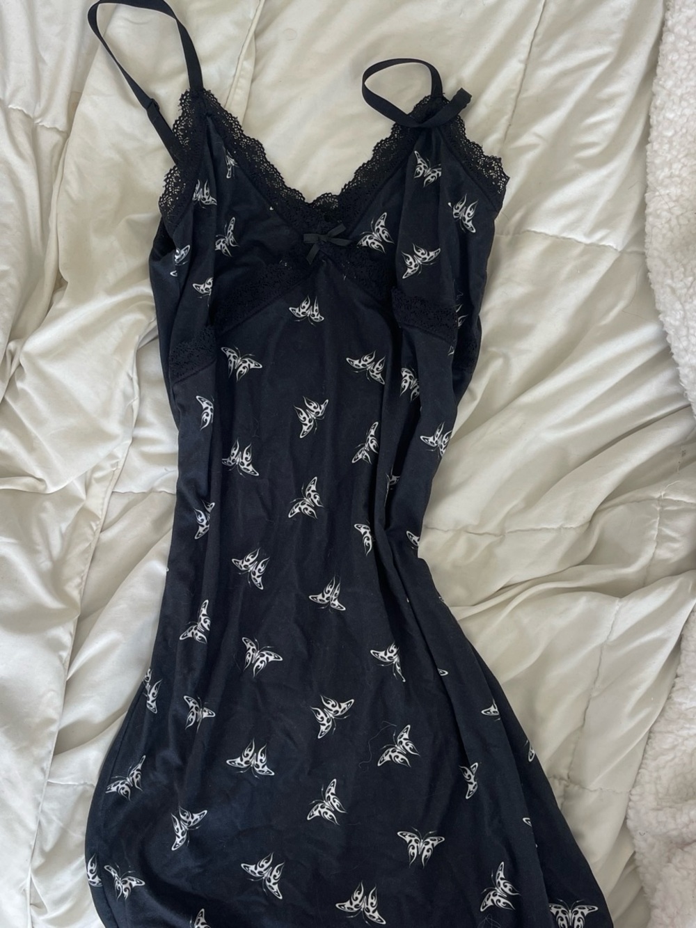 H&M Black Lace-Trim Midi Slip Dress with White Butterfly Motif